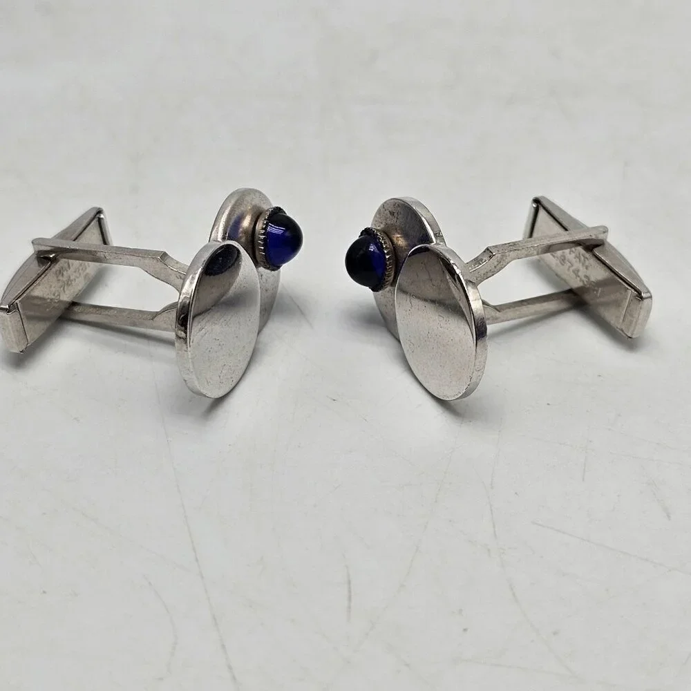 Vintage Silver Tone Cufflinks With Blue Glass Cabochon Mid Century